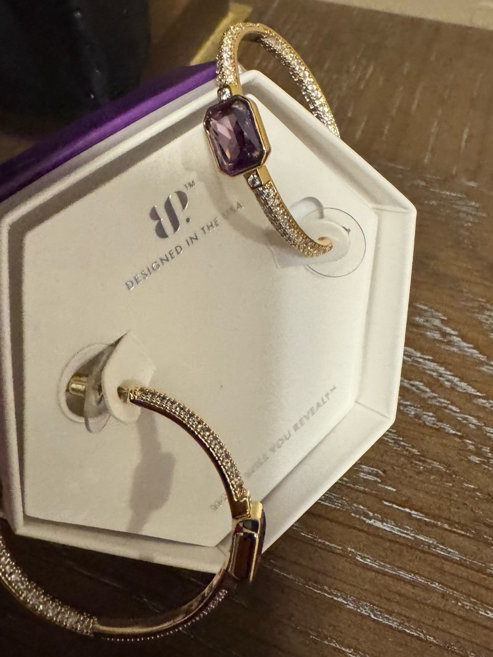 Bomb Party February Birthday Gold Hoop Earrings with Purple Stone